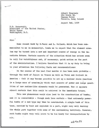 Lettre D' Einstein au présiqent Roosvelt, à l'origine du projet Manhattan